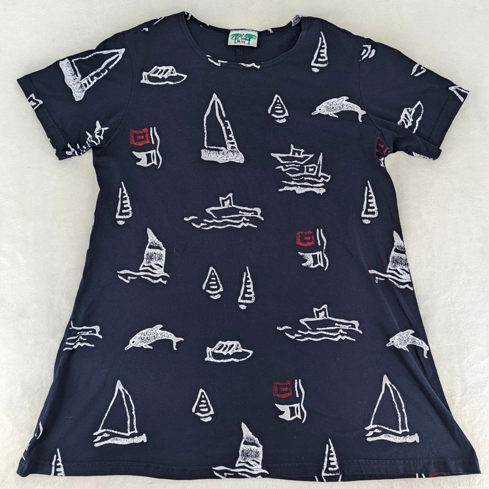 Coconut Bay Nautical Sailboat Dolphin Print T-Shirt Dress Navy Blue